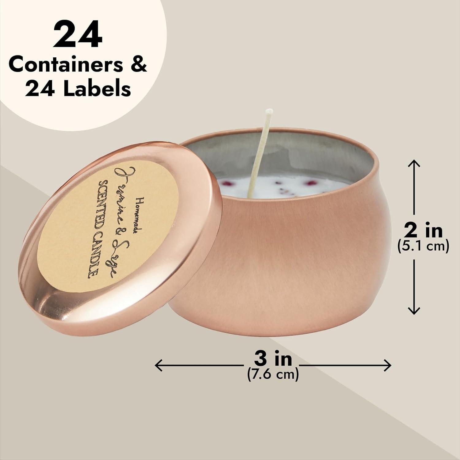 Bright Creations 24 Pack Candle Jars for Making Candles 4oz, Bulk Empty Tins with Lids and Labels for DIY Crafts, Gifts (Rose Gold, 3x2 in)