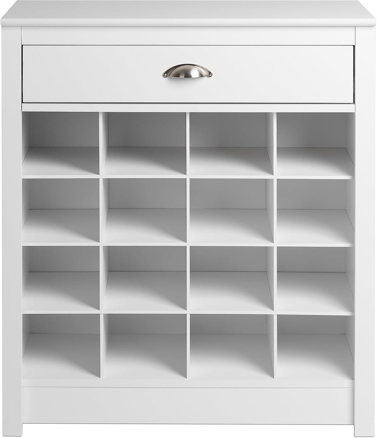 White 16-Cubby Entryway Shoe Storage Cabinet with Drawer