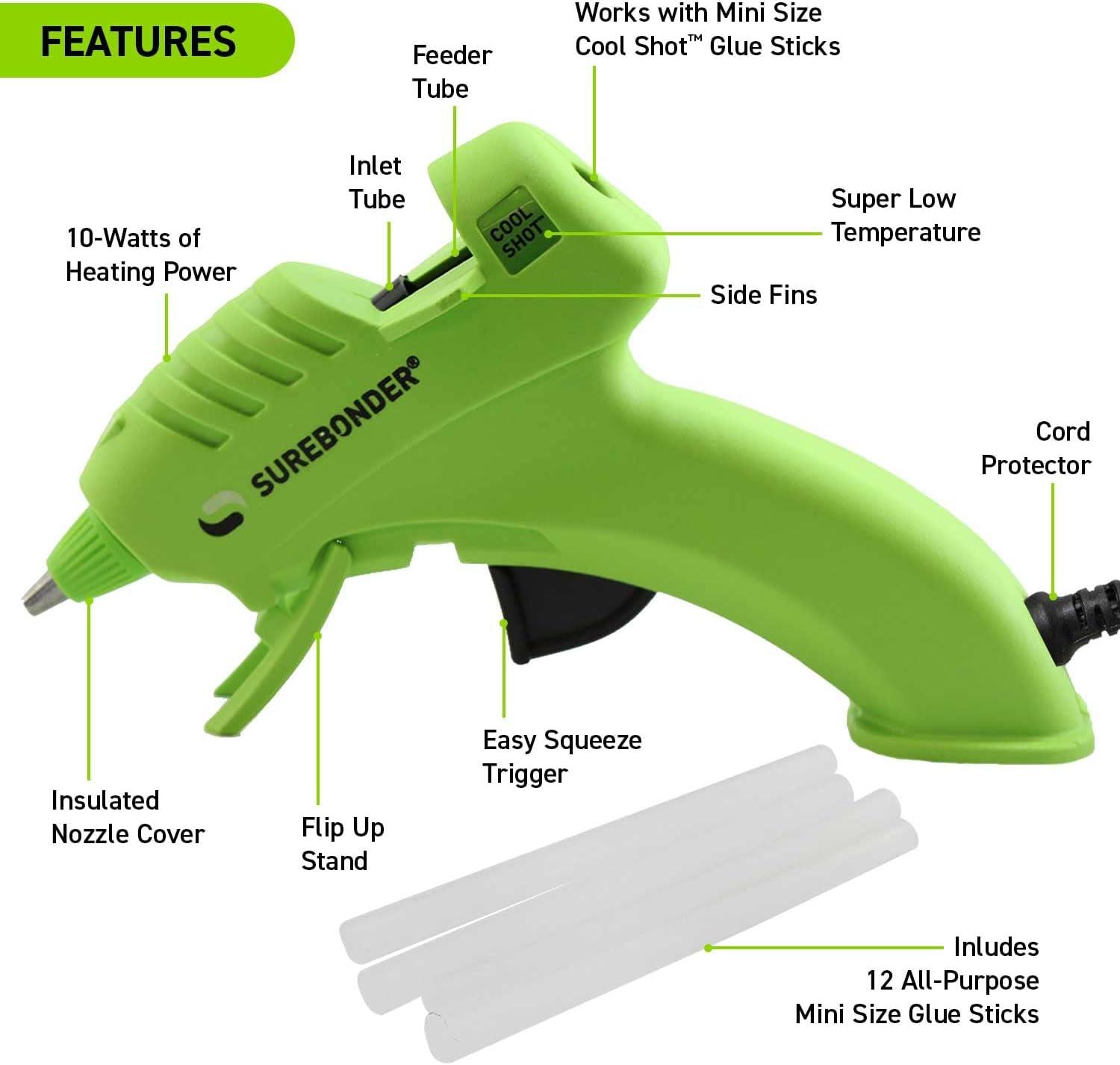 Surebonder Ultra Low Temperature Cool Shot Green Mini Size Glue Gun with 12 Cool Shot Sticks