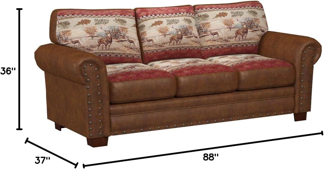 Brown Microfiber and Tapestry Lodge Sofa with Nailhead Trim