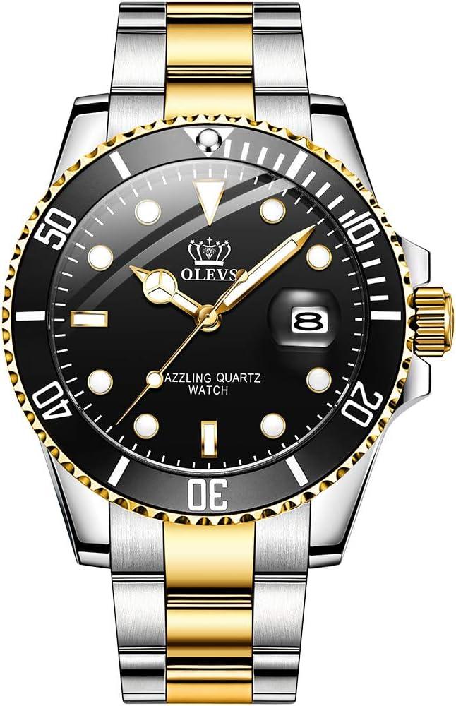 OLEVS Men Watch,Big Dial Watches for Men Stainless Steel Watch with Day Waterproof Analog Quartz Watches for Man Classic Business Wristwatch Luxury Luminous Round for Men Rotatable Bezel Watch
