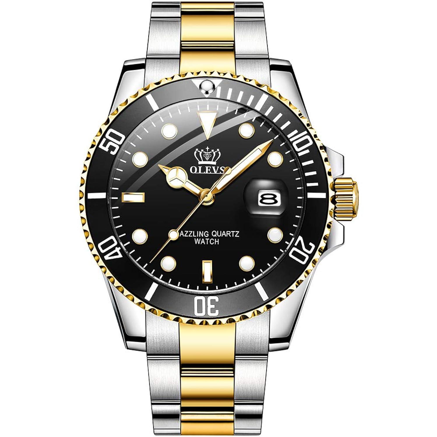 OLEVS Men Watch,Big Dial Watches for Men Stainless Steel Watch with Day Waterproof Analog Quartz Watches for Man Classic Business Wristwatch Luxury Luminous Round for Men Rotatable Bezel Watch