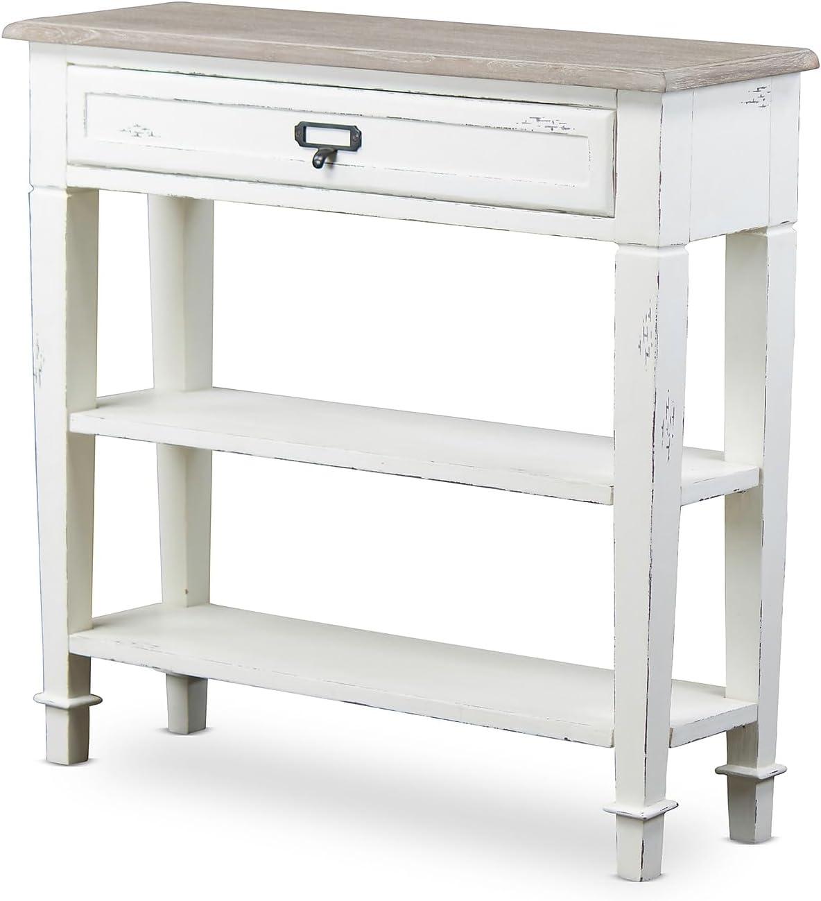 Distressed White and Natural Wood Console Table with Storage