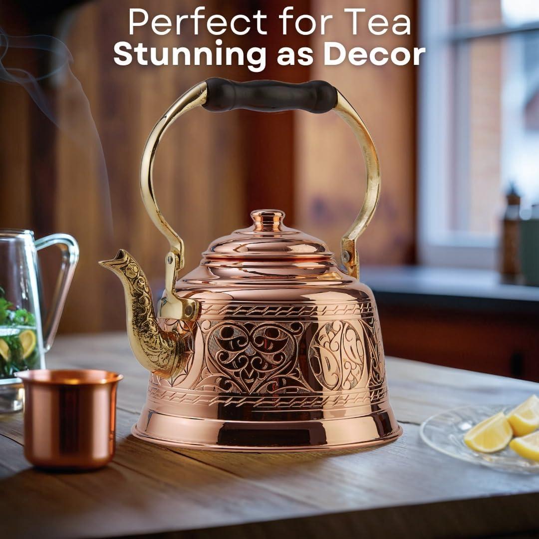 Handmade Engraved Copper Teapot with Brass Handle, 1.6-Quarts