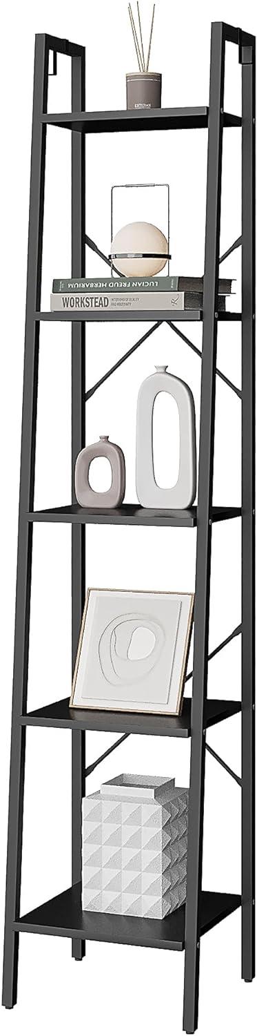 Black Industrial 5-Tier Ladder Corner Bookshelf with Hooks