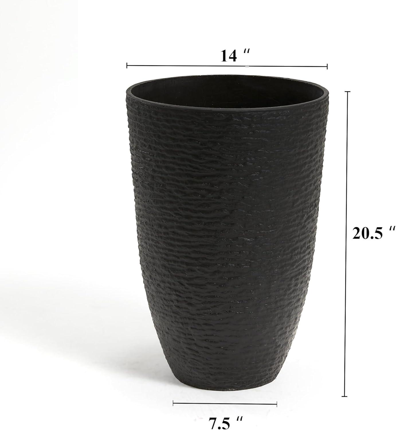 WORTH Garden 21" H Tall Planters 2 Pack - 14'' Dia Resin Large Round Black Flower Pots for Outdoor Plants Trees - Imitation Stone Finish Plastic Indoor Front Porch 9 Gallon Decorative Container Patio