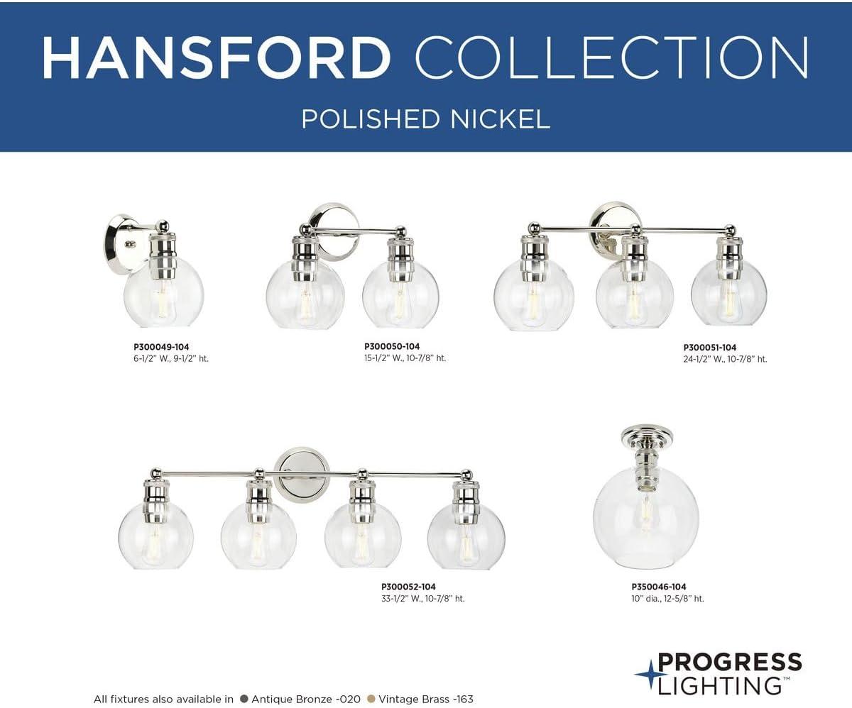 Progress Lighting Hansford 1-Light Bath Vanity Fixture, Polished Nickel, Clear Spherical Shade