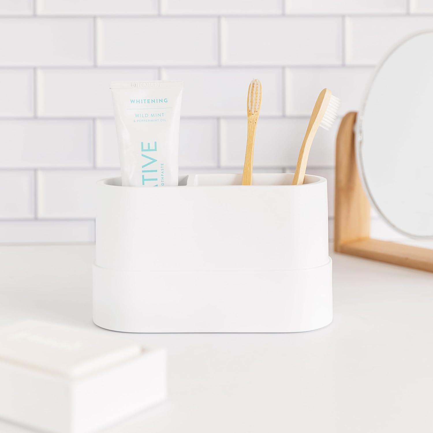 Matte White Large Toothbrush and Toothpaste Holder for Bathroom Vanity and Countertop, 2 Compartments Round Organizer for Electric Toothbrushes, Floss, Razors, Cotton, and Mouthwash