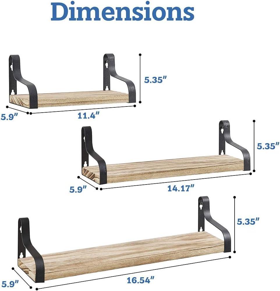 Light Brown Pine Wood Floating Wall Shelves with Black Brackets