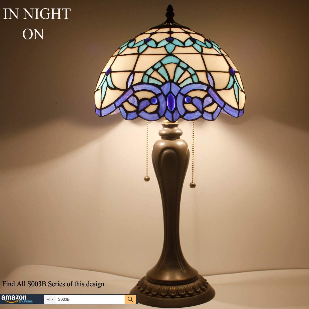 WERFACTORY Tiffany Table Lamp Navy Blue Baroque Stained Glass Style Desk Bedside Reading Light 12X12X18 Inches Decor Bedroom Living Room Home Office S003B Series
