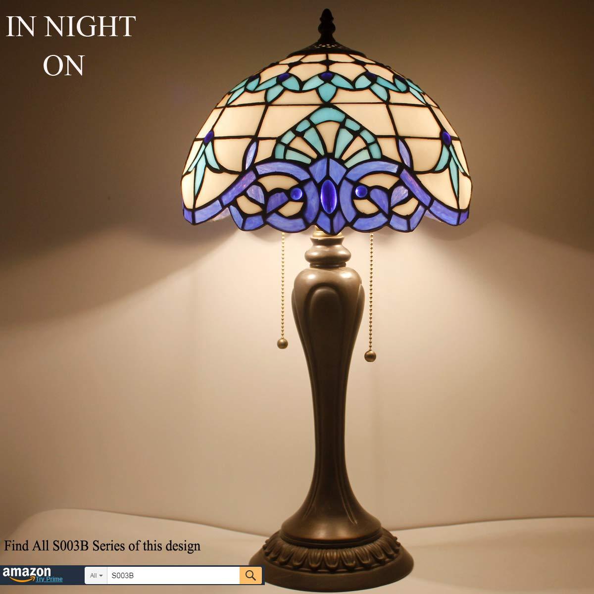 WERFACTORY Tiffany Table Lamp Navy Blue Baroque Stained Glass Style Desk Bedside Reading Light 12X12X18 Inches Decor Bedroom Living Room Home Office S003B Series