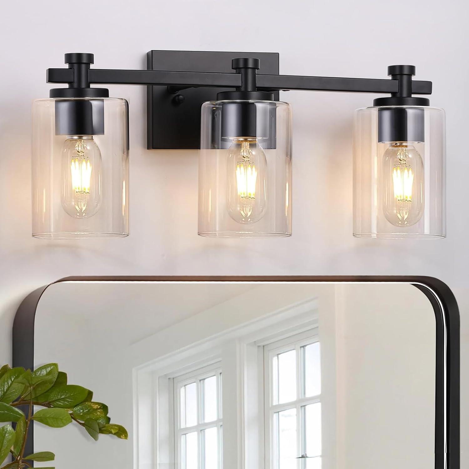 3-Light Bathroom Light Fixtures Bathroom Vanity Lights with Clear Glass Shades Matte Black Bathroom Light Fixtures over mirror for Mirror Living Room Cabinet Bedroom Porch