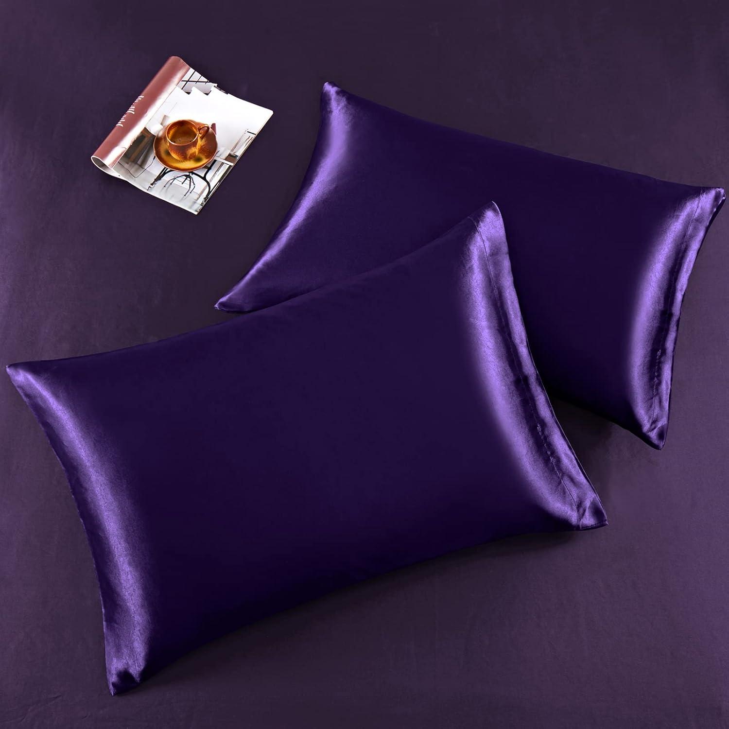 Hight Thread Count Solid Color Soft Silky Charmeuse Satin Luxury and Super Soft Bed Sheet Set (Purple, Queen)