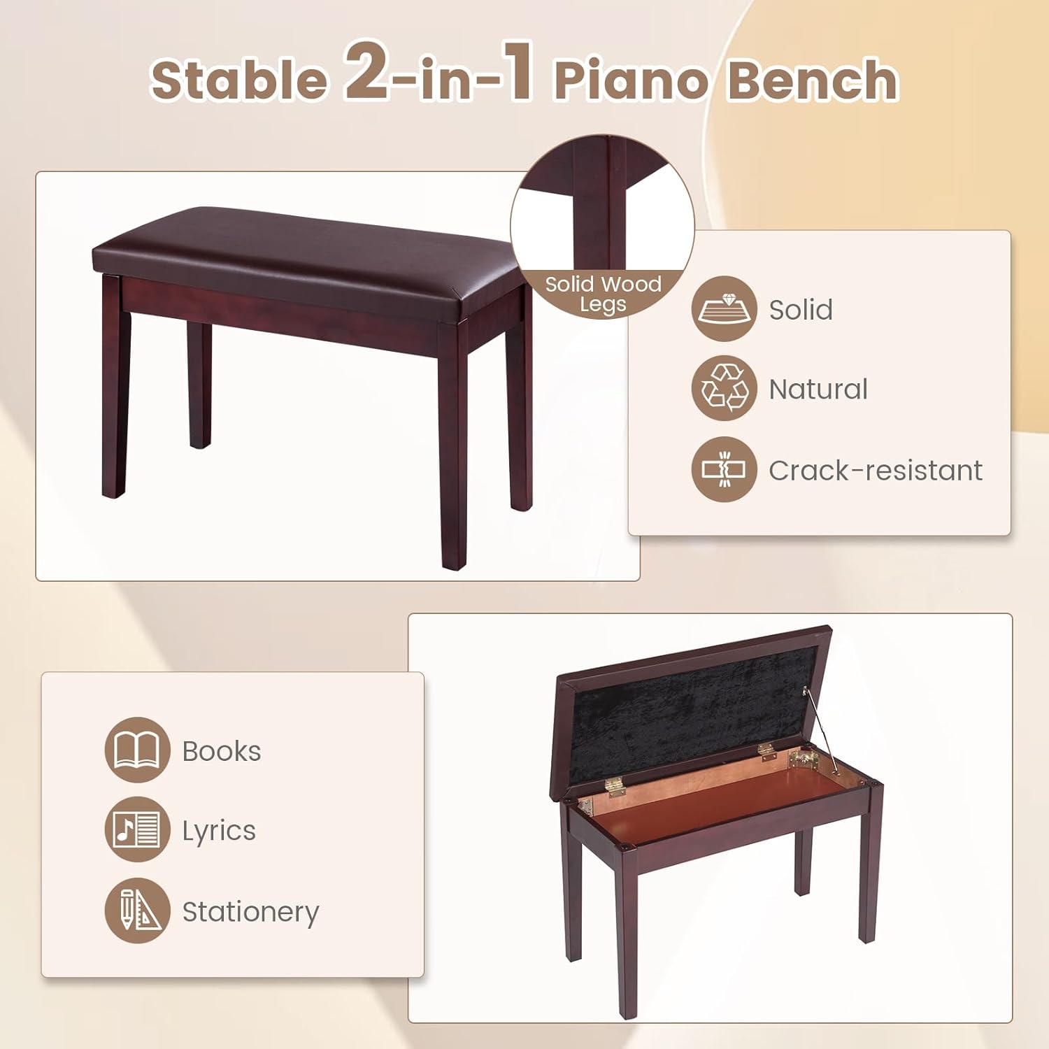 Tangkula PU Leather Piano Bench Solid Wood Padded Double Duet Keyboard Seat w/ Storage Box Black