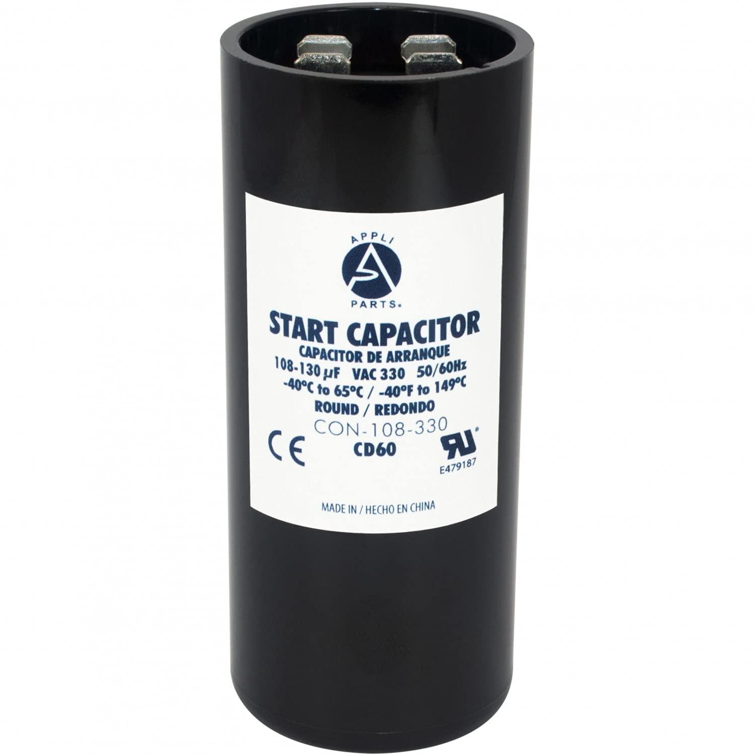 Appli Parts motor start capacitor 108-130 Mfd (microfarads) uF 330 VAC universal fit for electric motor applications 1-7/16 in Wide 3-3/8 in Height CON-108-330
