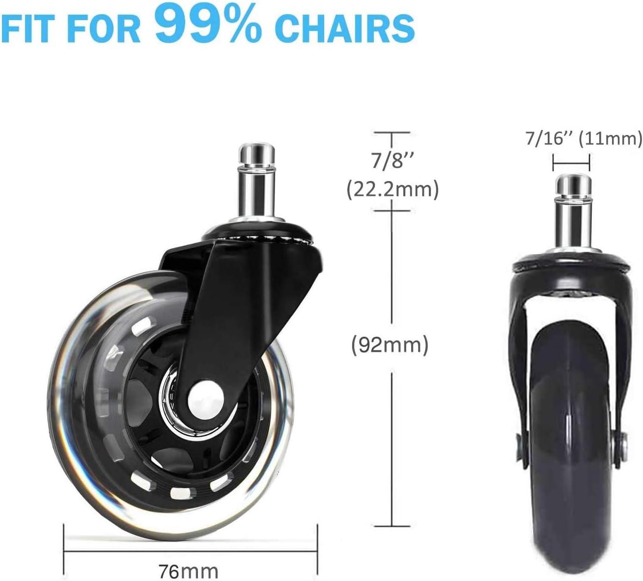Office Chair Caster Wheels 2" Dual Wheels Set of 5 for Tile and Hardwood Floors, Universal Fit for Most Chairs (Transparent)