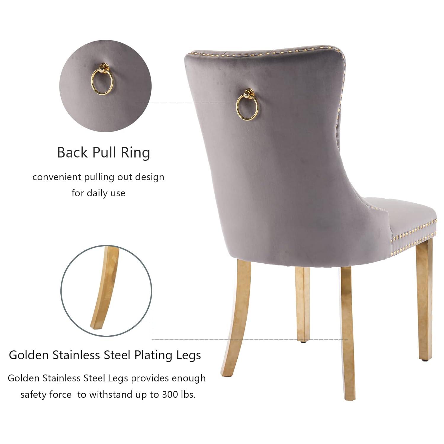Grey Velvet Dining Chairs Set of 2, Upholstered Dining Room Chairs with Back Ring Pull Trim and Golden Stainless Steel Legs,Modern Kitchen Chairs for Dining Room,Living Room,Kitchen(Grey)