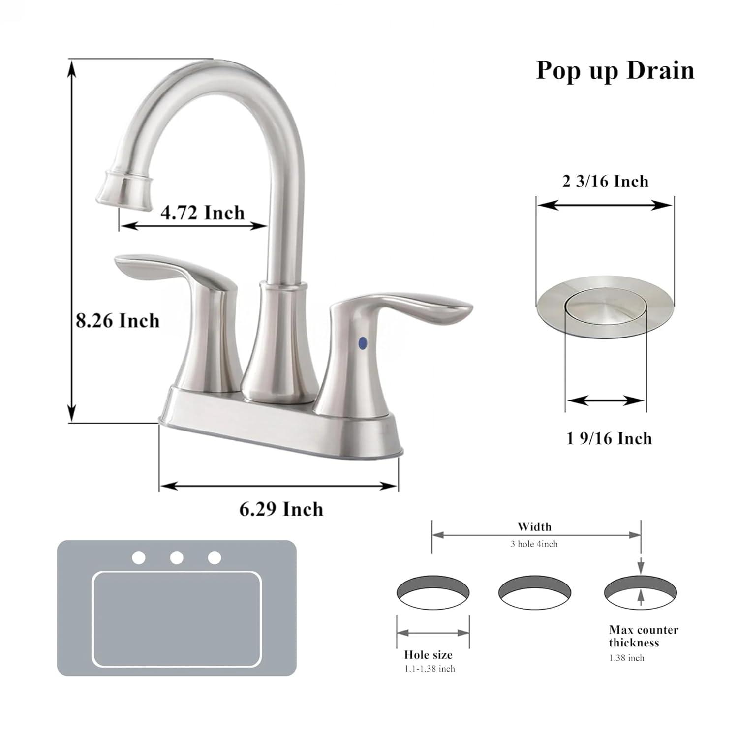 Brushed Nickel Bathroom Faucet, 2-Handle Lead-Free 360° Swivel High-Arc Spout 4 Inch Centerset Bath Lavatory Vanity Sink Faucets Set for Sinks with Drain & Water Hoses, VABM80008L