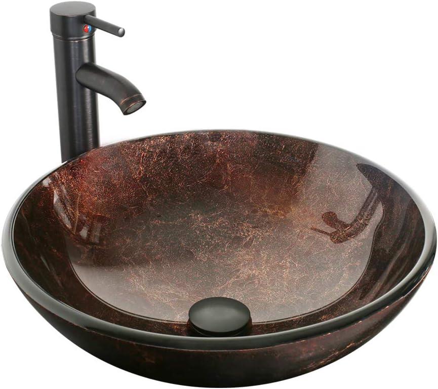 Eclife 16.5" Bathroom Vessel Sink Tempered Glass Round Basin Countertop Bowl Sink with Faucet Pop up Drain Brown