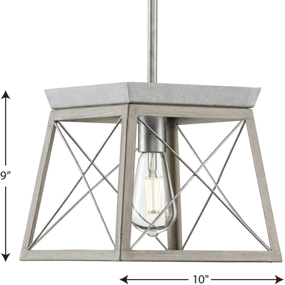 Progress Lighting Briarwood 1-Light Mini-Pendant, Steel, Galvanized, Faux-Painted Wood Enclosure, Canopy Included