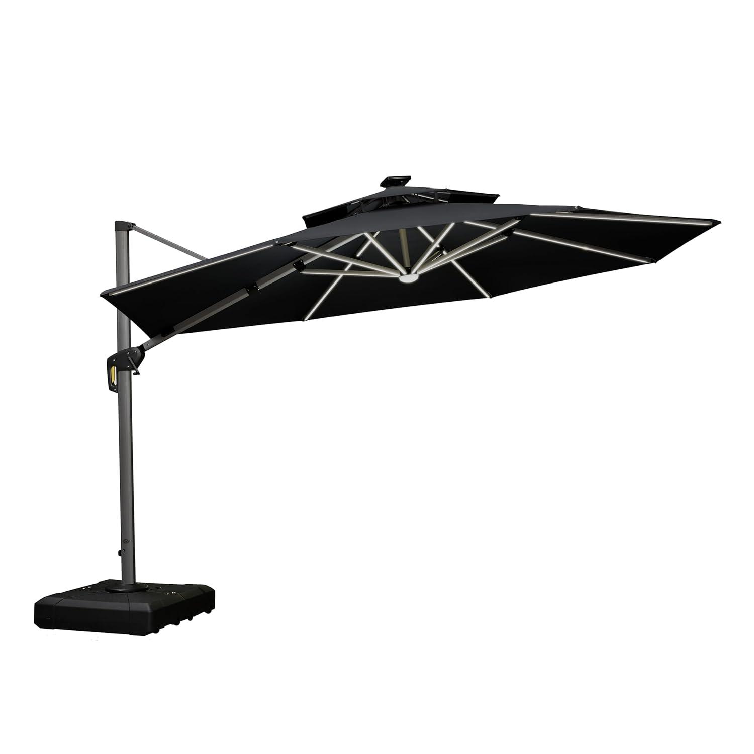 PURPLE LEAF 12-ft Aluminum Black Crank Cantilever Patio Umbrella with Lights