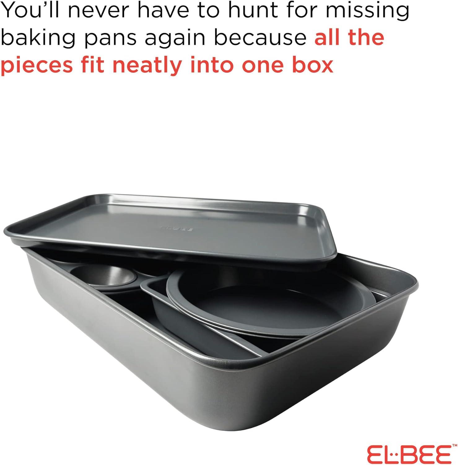 Elbee Home 8 Piece Stack 'n' Store Baking Set, Patented Space Saving Self Storage Design, Nonstick Carbon Steel, Bakeware Set