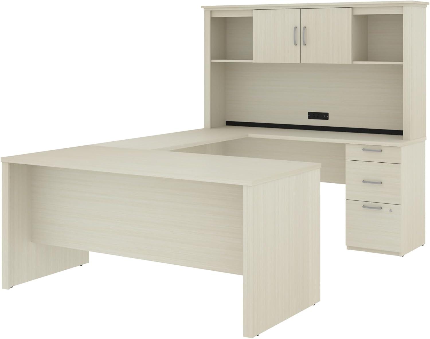 Bestar Logan Modern Wood U Shape Computer Desk with Hutch in White Chocolate