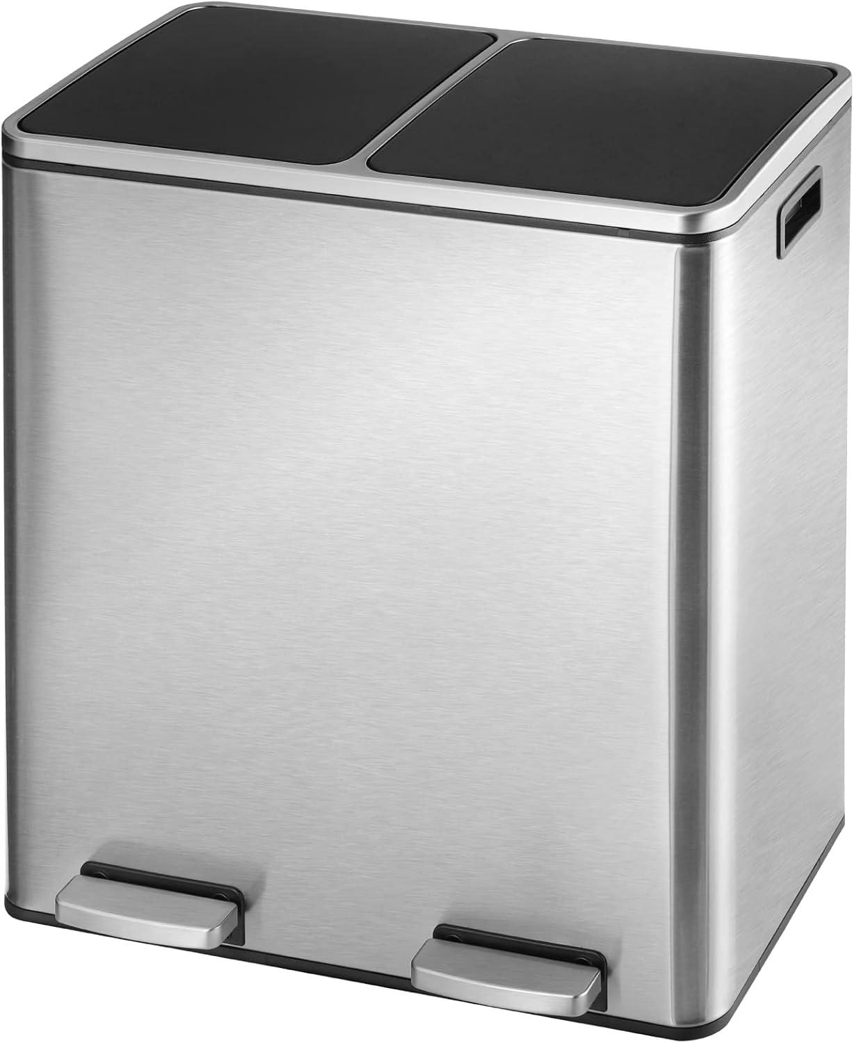 60L Dual Trash Can Stainless Steel Step On Garbage Can Recycling Bin with Lid