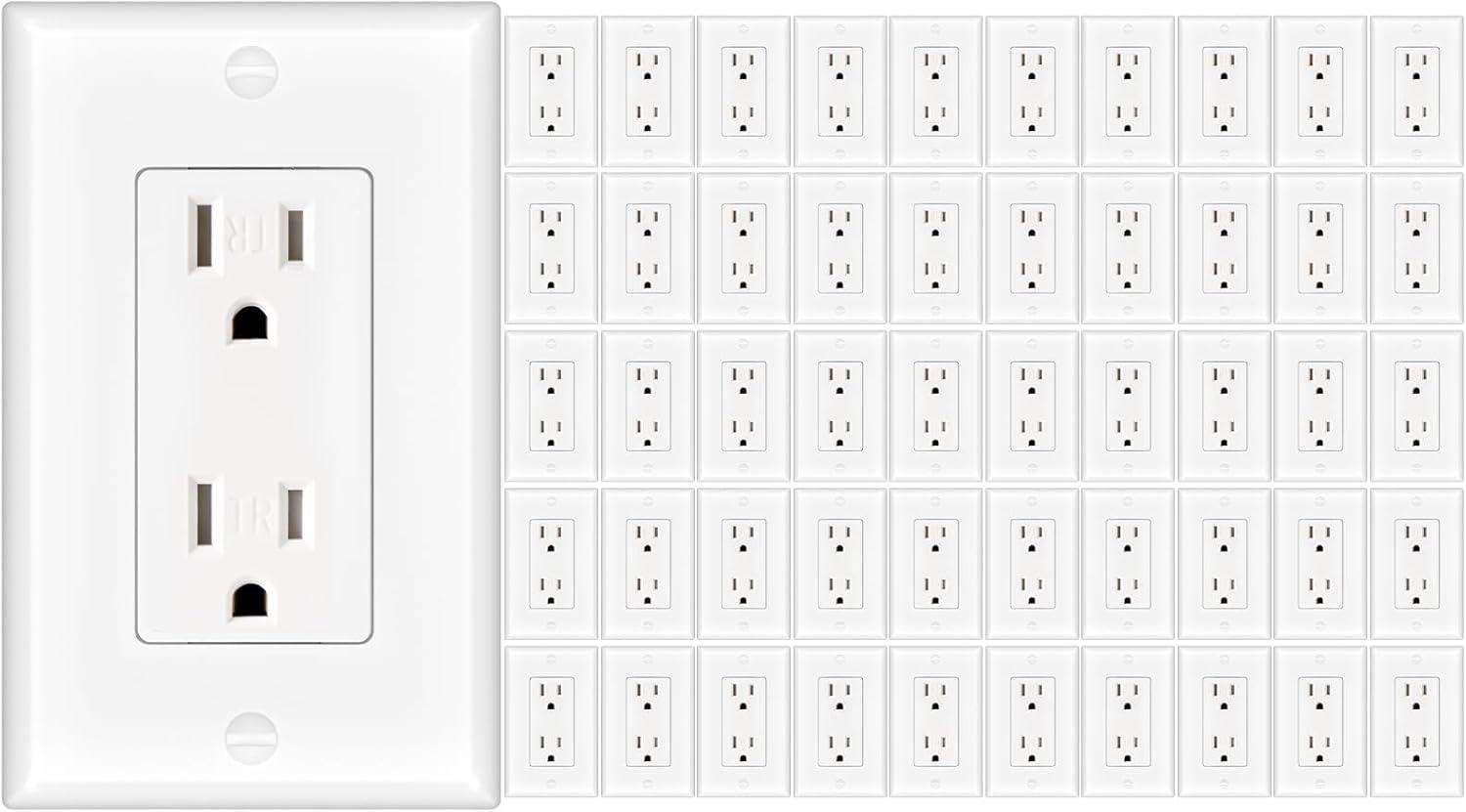 Amico 50 Pack Wall Outlet, 15 Amp Outlets, UL Listed, Tamper Resistant Standard Electrical Outlet, Decorator Receptacle with Wall Plate, Suitable for Home and Business, 125V/1875W, White