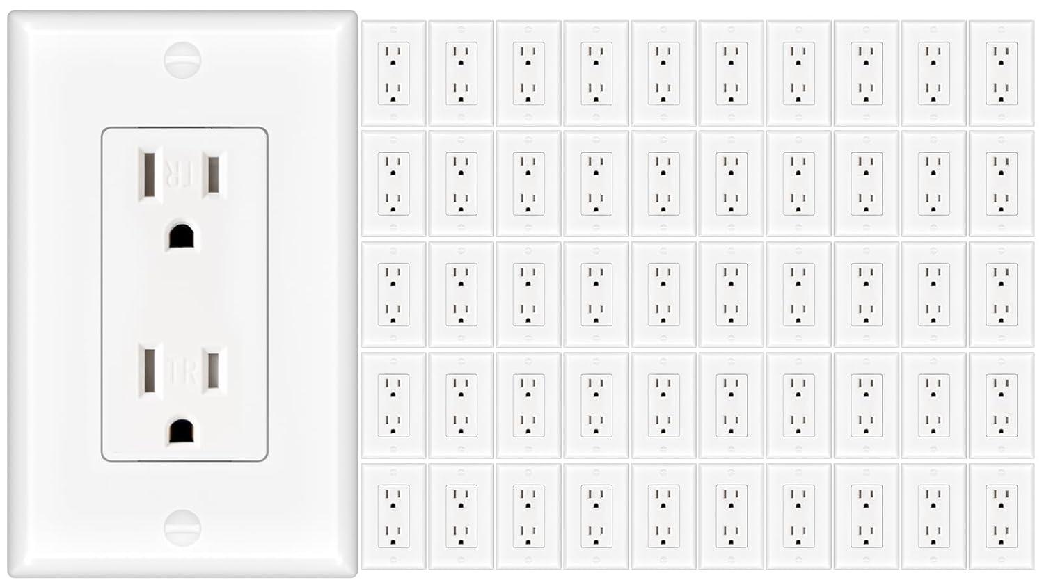 Amico 50 Pack Wall Outlet, 15 Amp Outlets, UL Listed, Tamper Resistant Standard Electrical Outlet, Decorator Receptacle with Wall Plate, Suitable for Home and Business, 125V/1875W, White