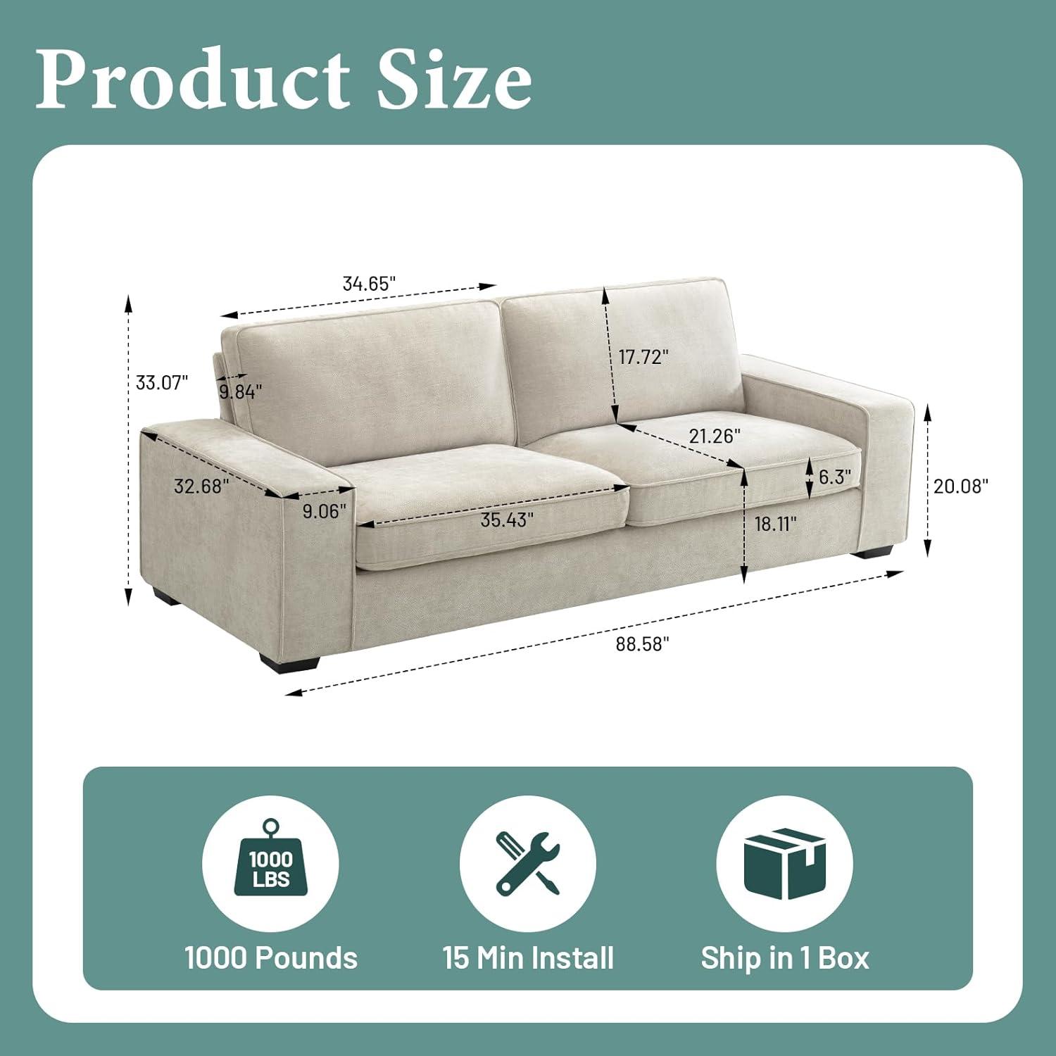 88-Inch Beige Chenille Loveseat with Solid Wood Frame