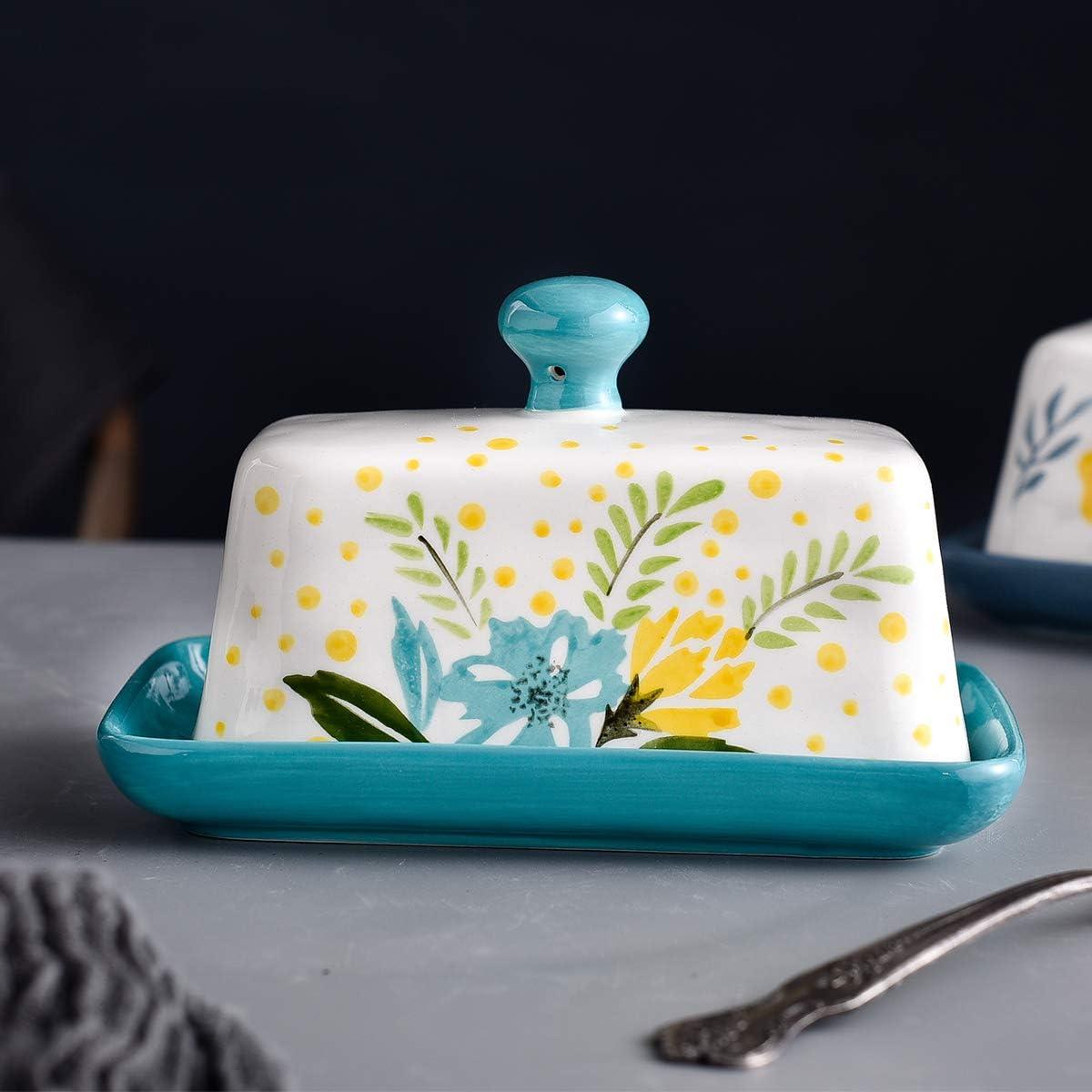 Hand-Painted Floral Ceramic Butter Dish with Lid