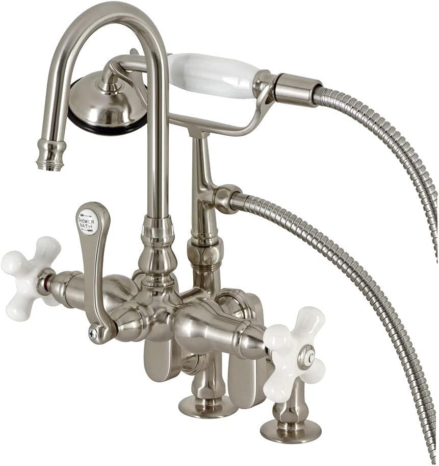 Kingston Brass Three-Handle 2-Hole Deck Mount Clawfoot Tub Faucet with Hand Shower