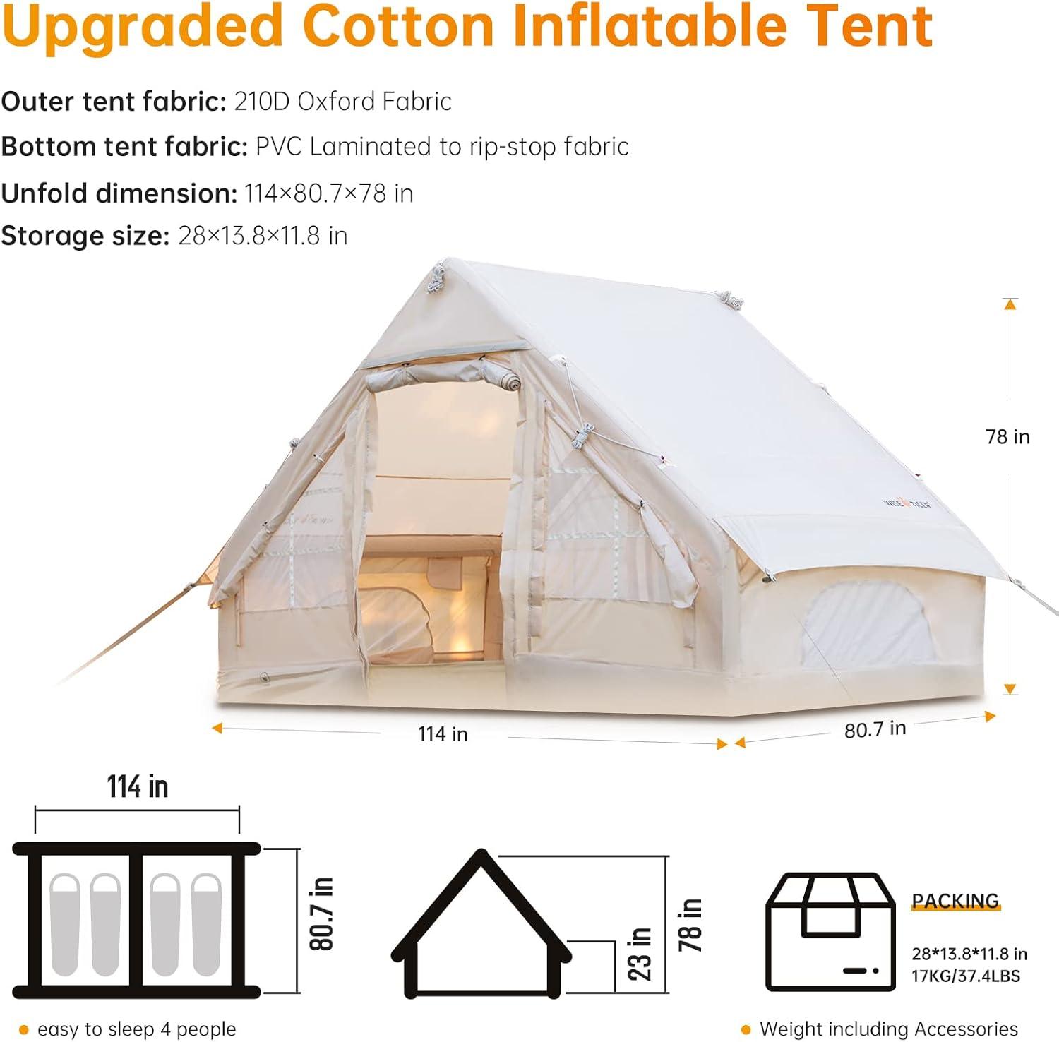 Beige Inflatable 4-Person Cabin Tent with Mesh Windows