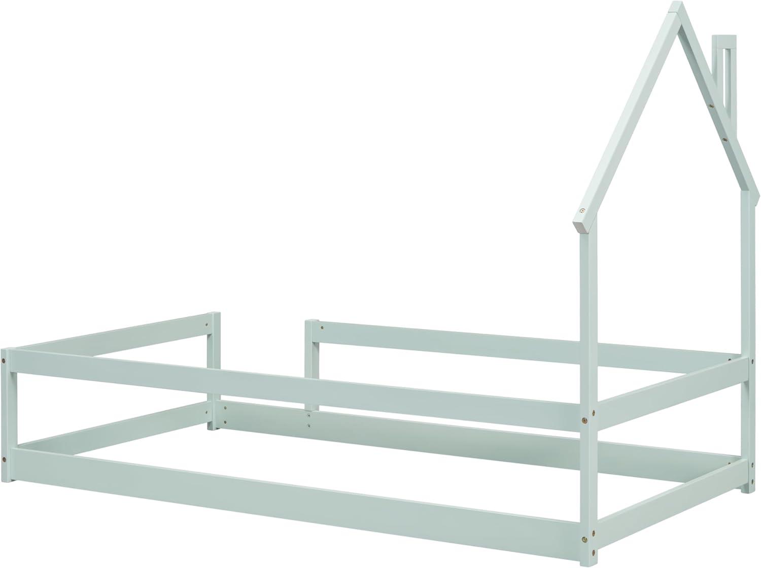 Kids Montessori Floor Bed, Twin Size Wooden Floor Bed Frame with Fences Guardrails and House Shape Headboard, Without Slats Support, Grey