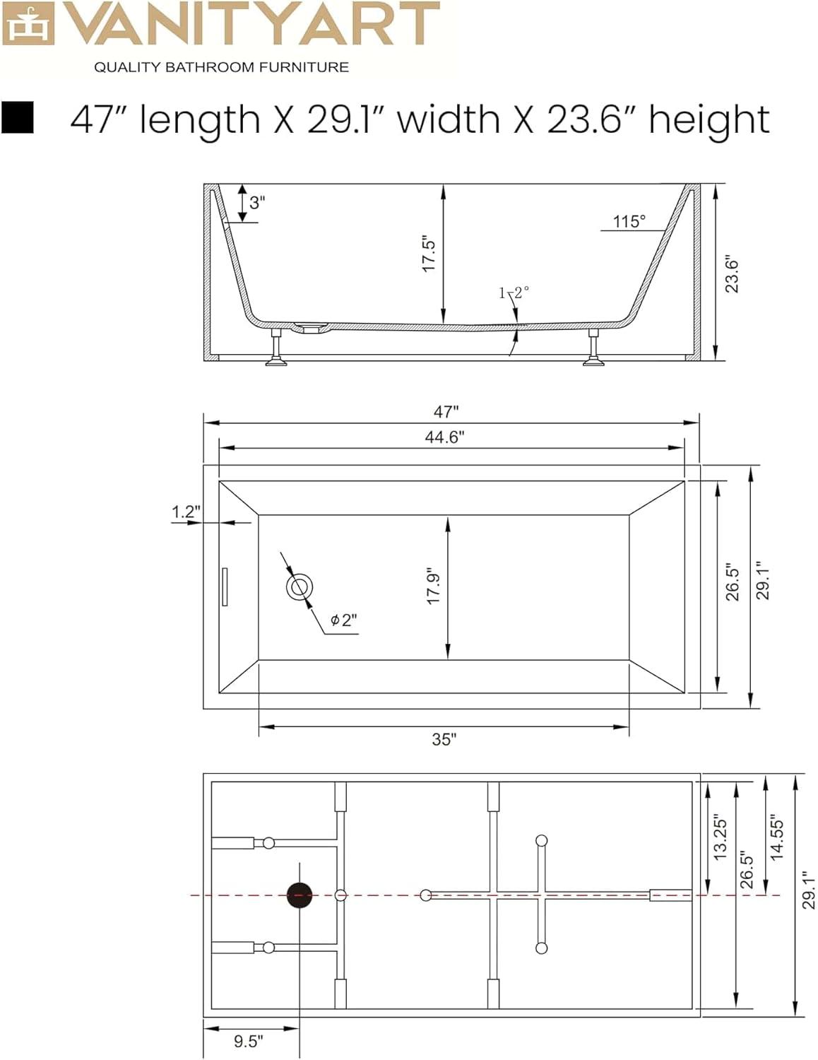 47" x 29" Freestanding Soaking Acrylic Bathtub