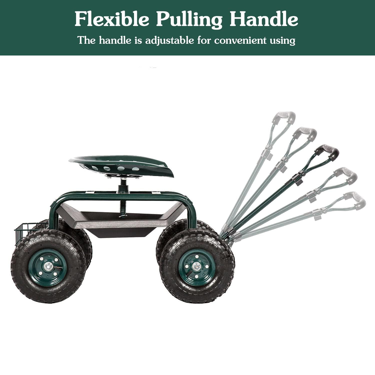 Rolling Garden Cart Scooter Stool - Garden Seat with Wheels Garden Cart with Seat, Adjustable Handle 360 Degree Swivel (Green)
