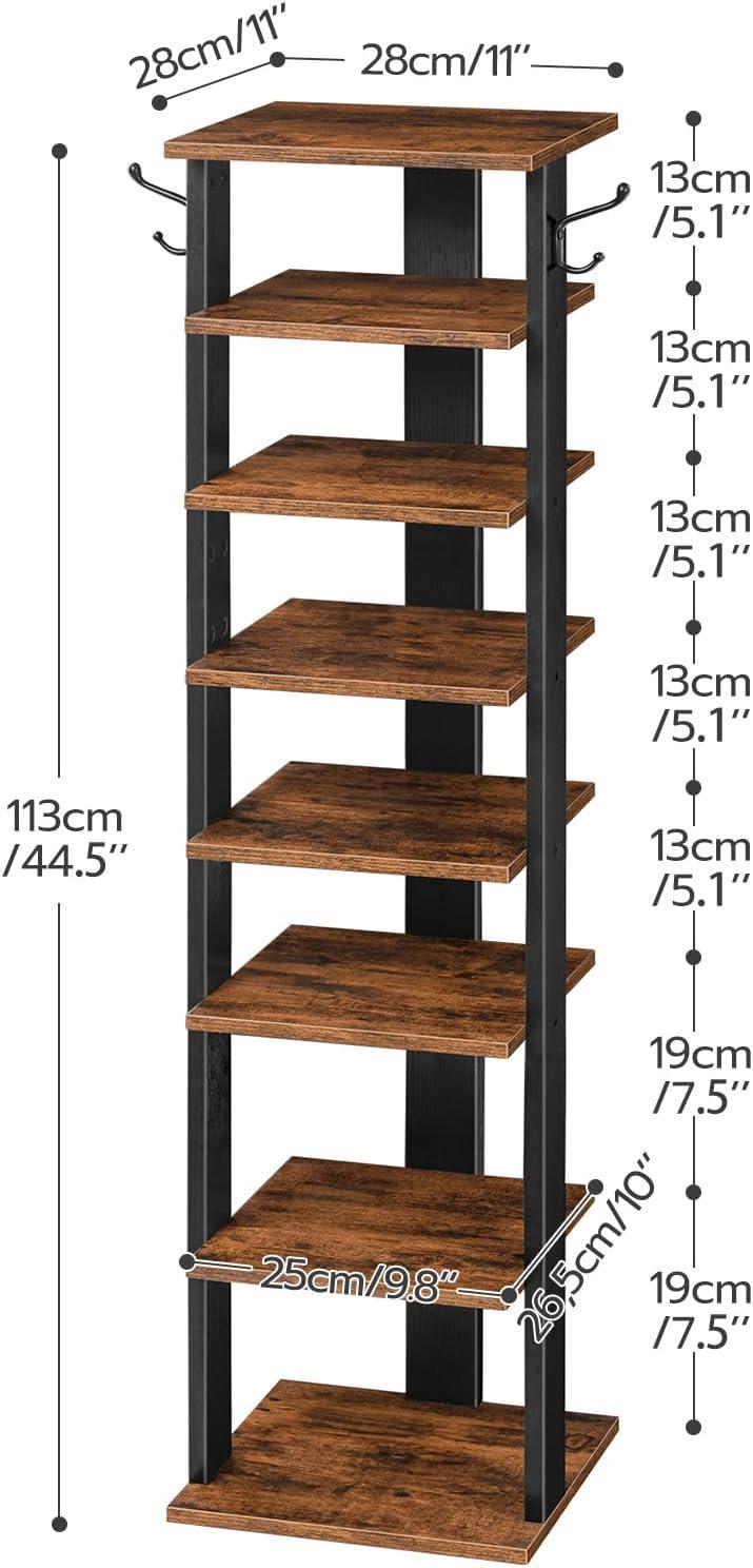 8 Tiers Vertical Shoe Rack, Wooden Shoe Storage Organizer with Hooks, Narrow Shoe Tower for 8 Pairs, Space Saving, for Entryway, Living Room, Bedroom, Rustic Brown BF07XJ01G1