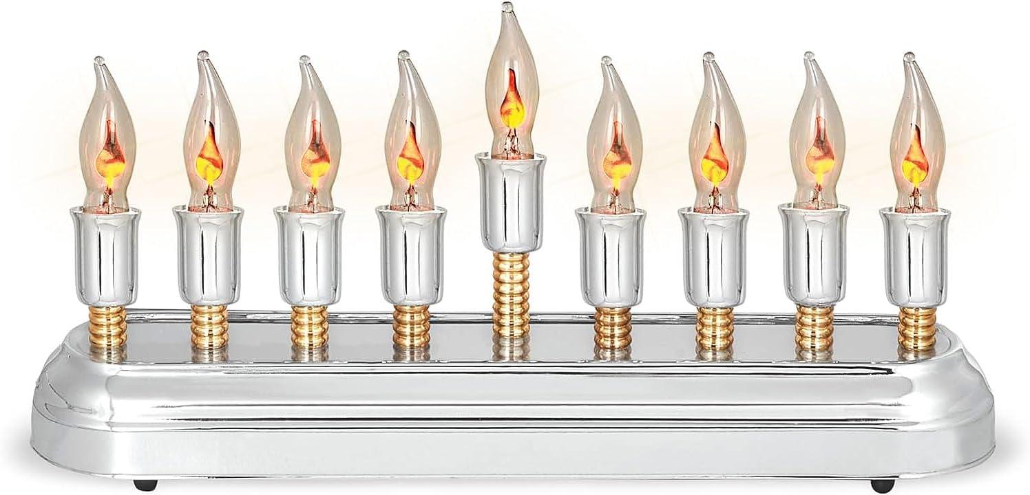 Aviv Judaica Contemporary Electric Hanukkah Menorah Stainless Steel Hanukkiah with Flickering Bulbs Horizontal Electronic Minorah for Chanukah Flameless Candles or Hanukkah Lights Decorations