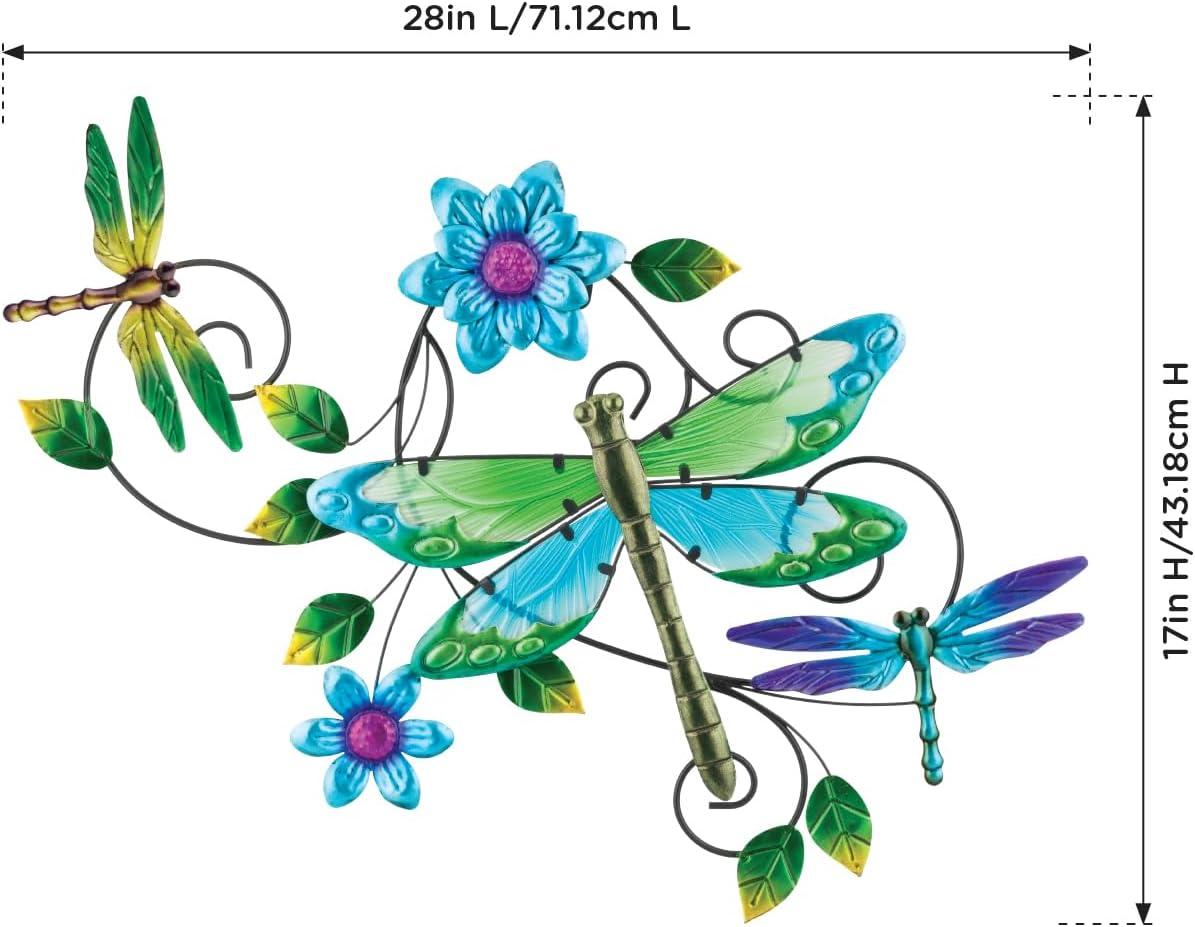 Colorful Metal and Glass Dragonfly Wall Decor, 28 Inches