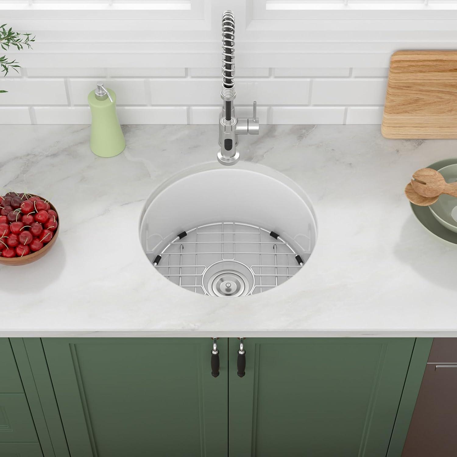 White Undermount Kitchen Sink 18"x18" Round White Undermount Sink Round Ceramic Fireclay Single Bowl Deep Bar Sink with Sink Grid and Basket Strainer.LOF-LWFS1818