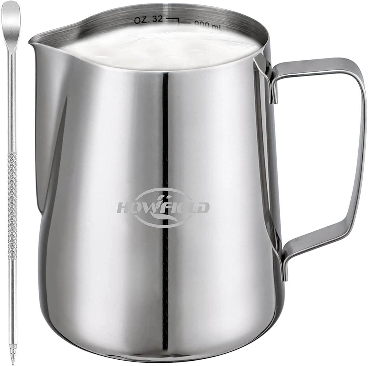 12oz (350ml) Milk Frothing Pitcher 304 Stainless Steel Steaming Jug with Latte Art Pen Anti-Scald Handle & Scale Barista Frother Cup for Cappuccino, Latte, Coffee Accessories