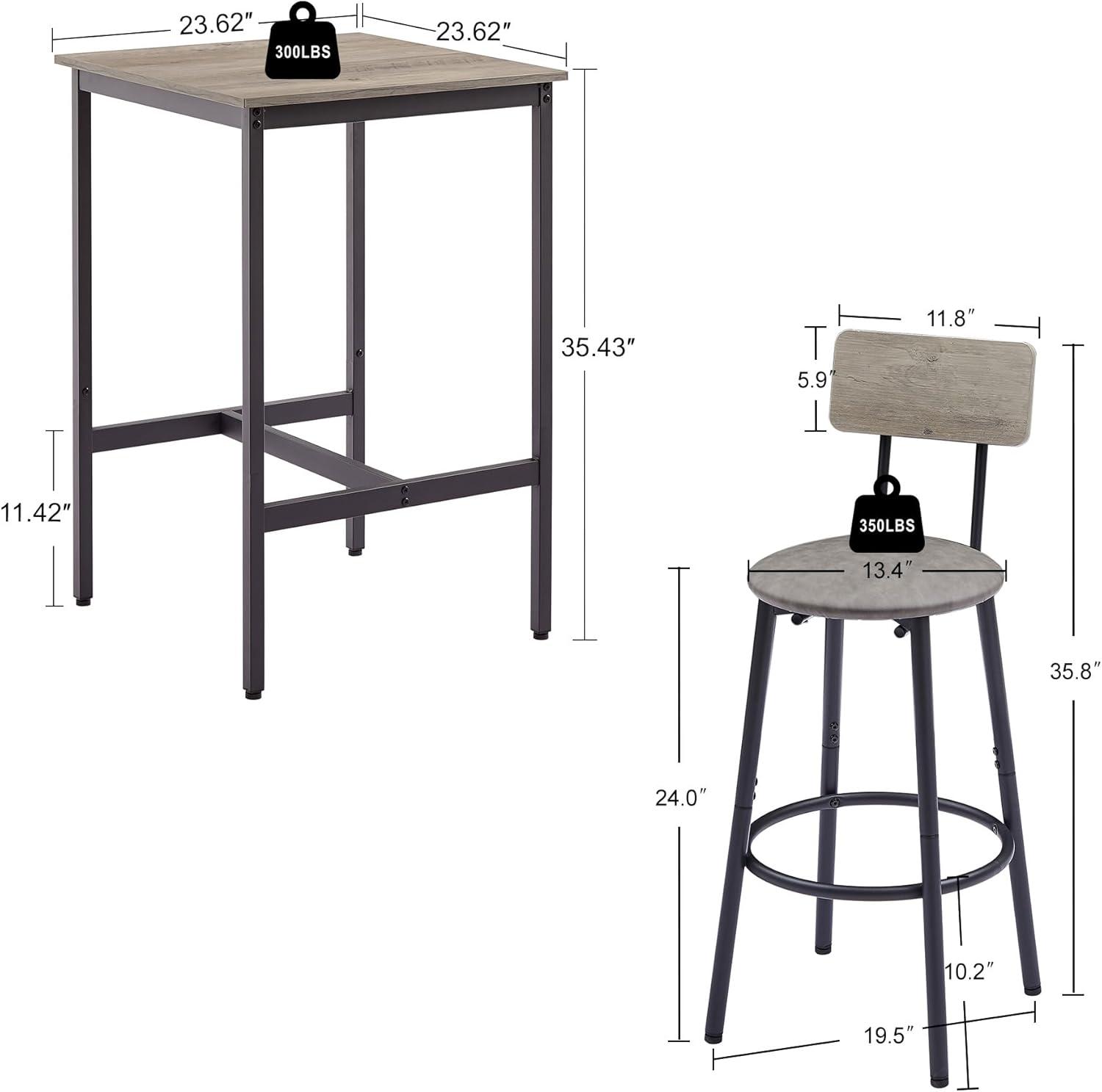 Bar Table and Chairs Set, 3-Piece Small High Top Table and 2 Stools with PU Soft Seat and Backrest, Square Dining Table Set for Small Space Apartment, Grey,23.62'' W x 23.62'' D x 35.43'' H