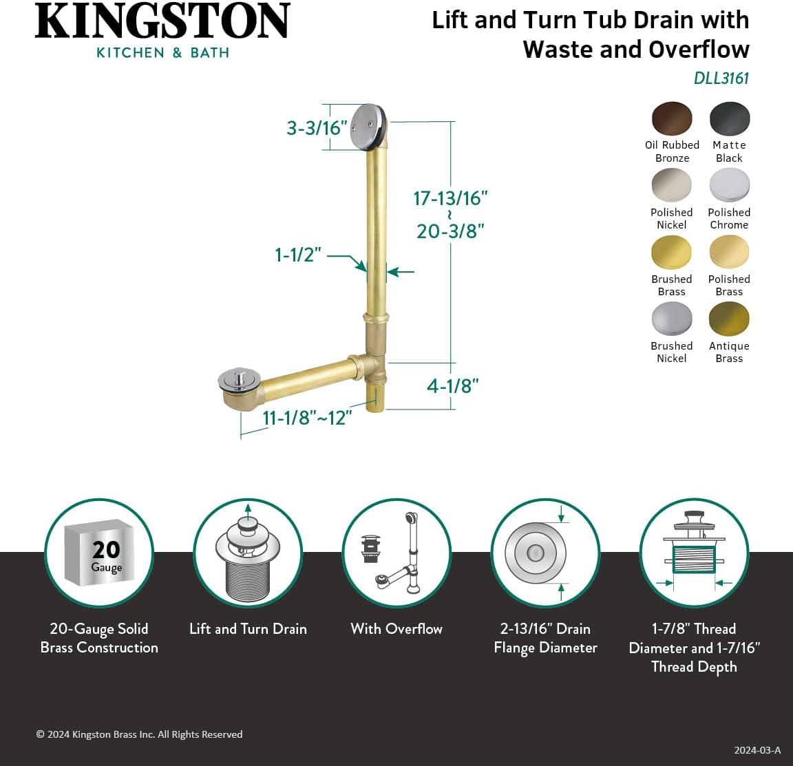 Kingston Brass DLL3162 Made to Match Tub Waste and Overflow, Polished Brass 20 x 12 x 3.19
