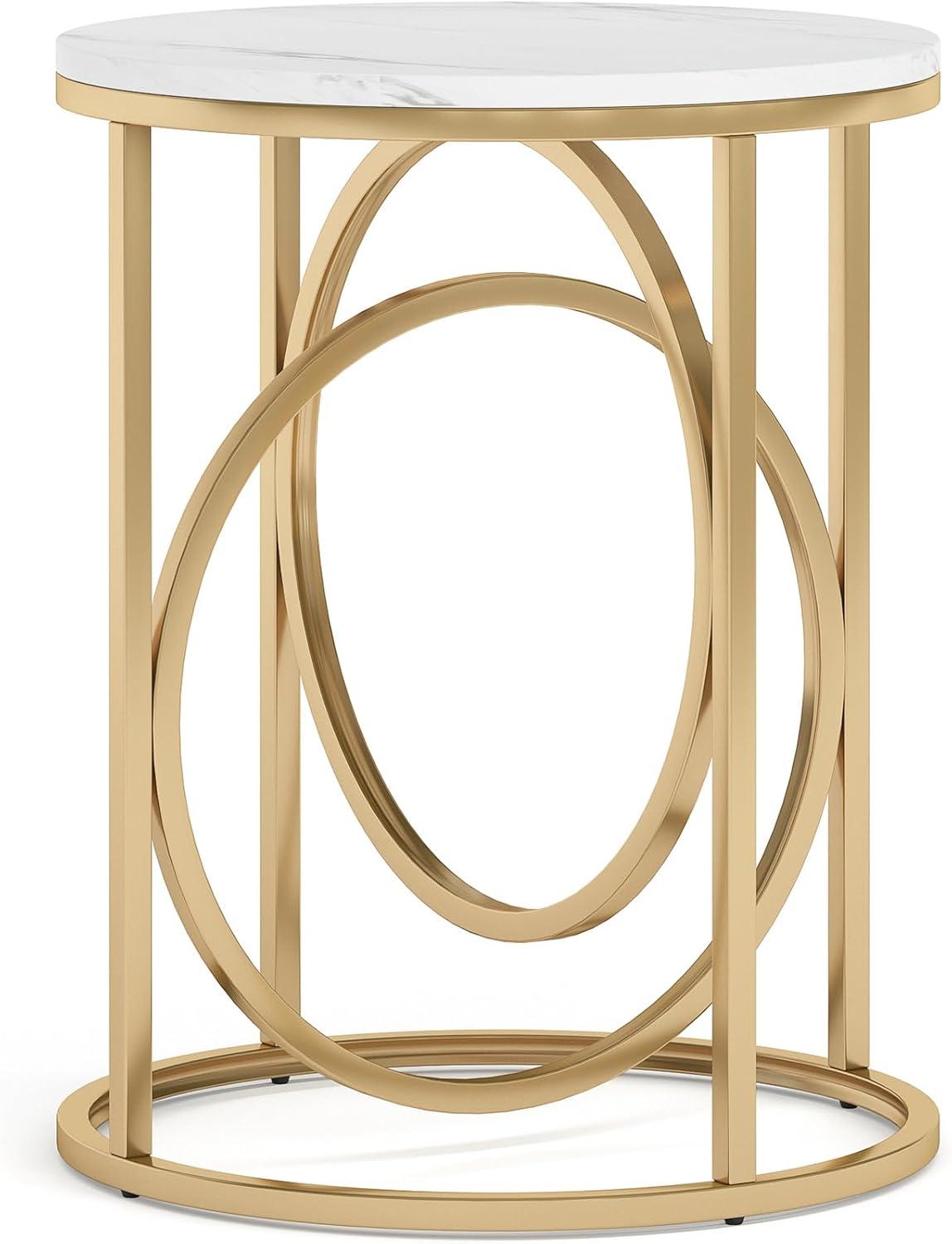 Tribesigns Morden Round End Table with Faux Marble White Top, 20" Sofa Side Table Coffee Table Cocktail Table with Unique Gold O-shaped Base for Living Room Bedroom