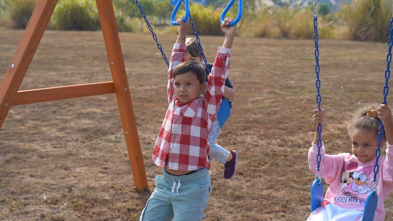 Dolphin Playground Wooden Swing Sets for Backyard, Family DIY Kit for Any Swings, Outdoor Playset for Kids with Trapeze Swing Bar and 2 Belt Swings, Heavy Duty Playground Accessories, Ages 3-10