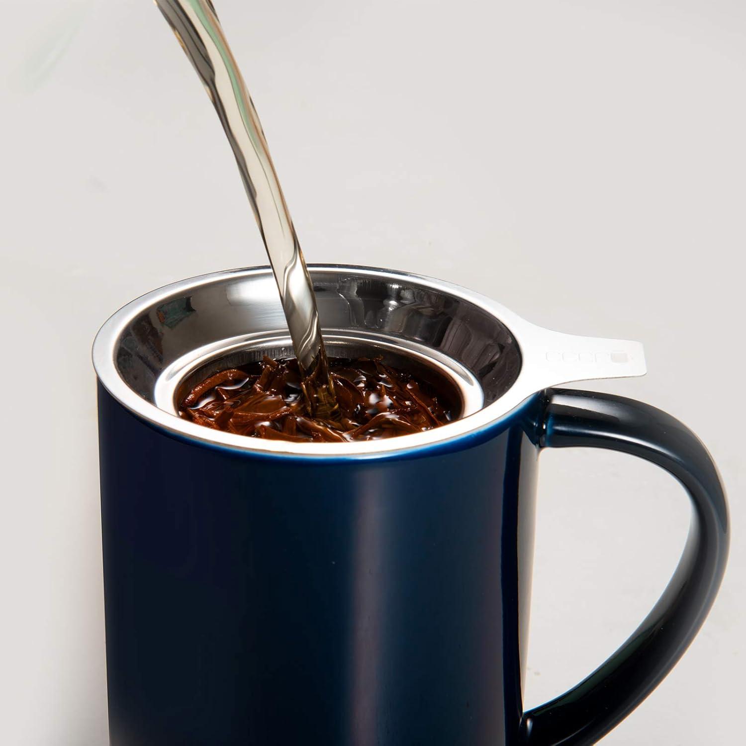 Navy Blue Ceramic Tea Mug with Bamboo Coaster and Lid