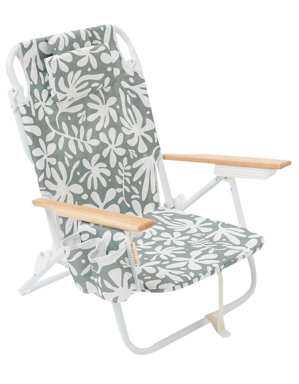 Sunnylife Reclining Beach Chair - The Vacay Olive. Converts from Backpack to Folding seat, with 5 Reclining Positions, Insulated Cooler Pocket and Adjustable Straps for Easy Carrying
