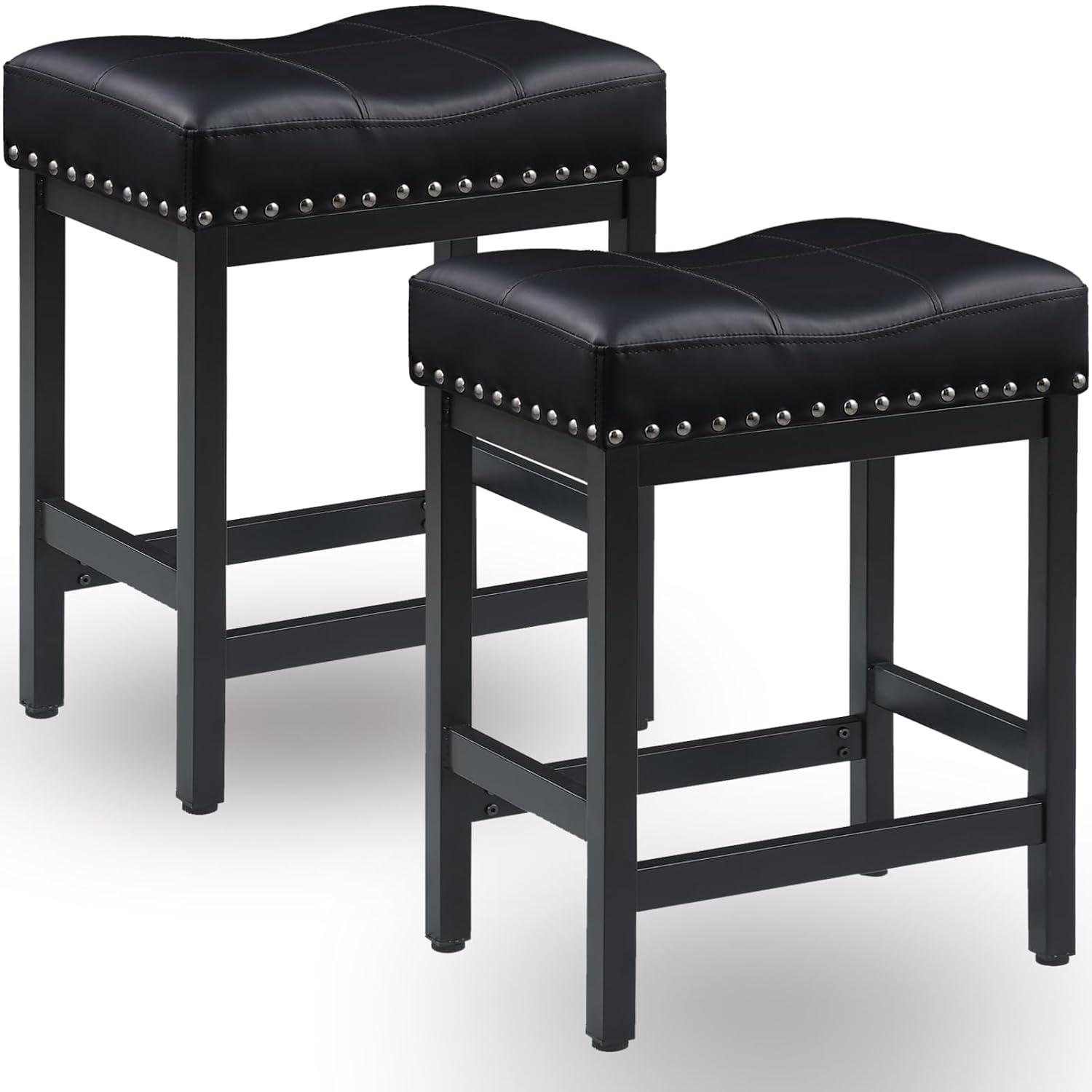 edx Bar Stools Set of 4, Modern Counter Height, 24 Inch Kitchen Barstools with Metal Base, PU Leather Saddle Seats for Kitchen Island, Black