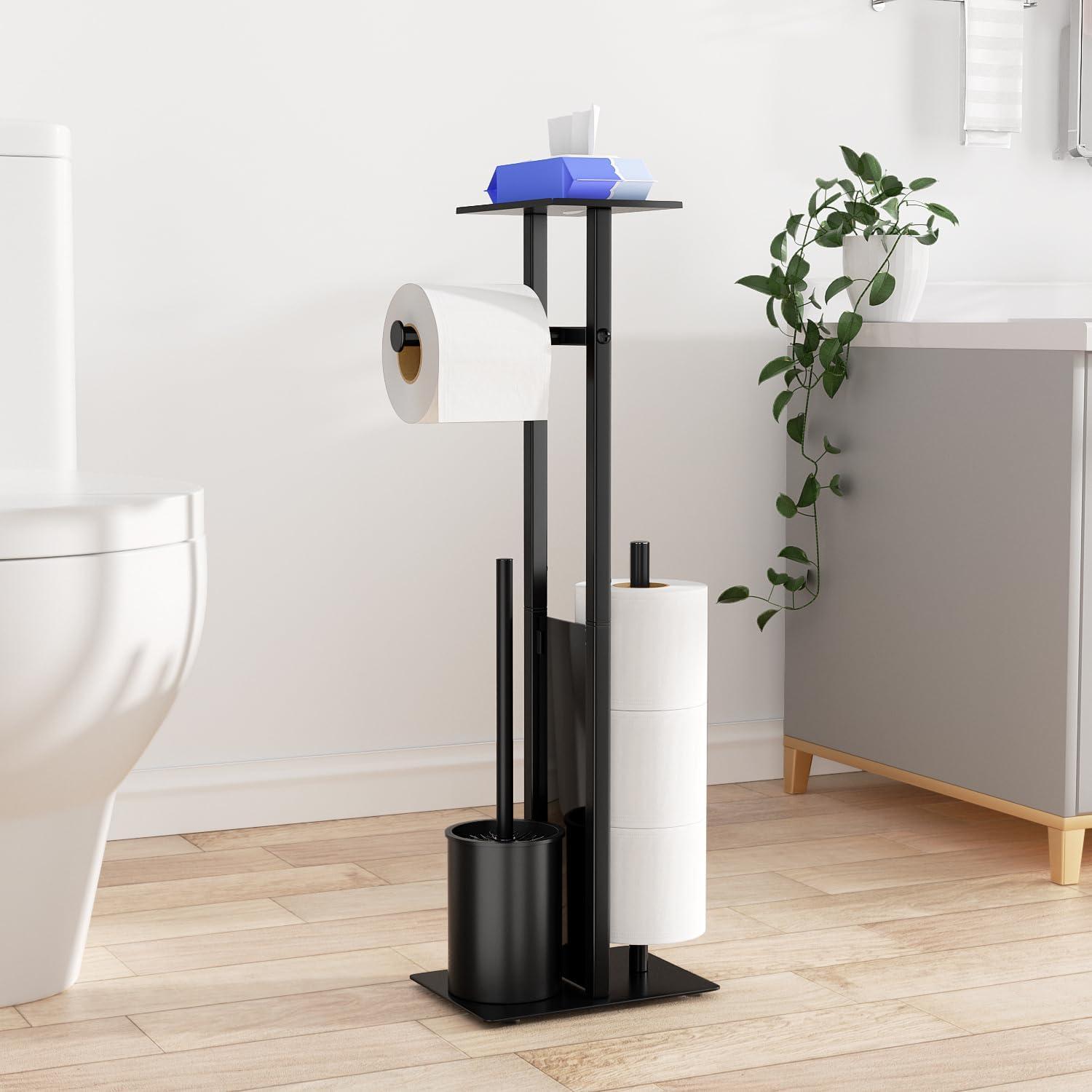 Black Freestanding Toilet Paper Holder with Brush and Storage Shelf